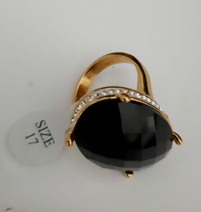 Bague perle noir avec strass en acier inoxydable