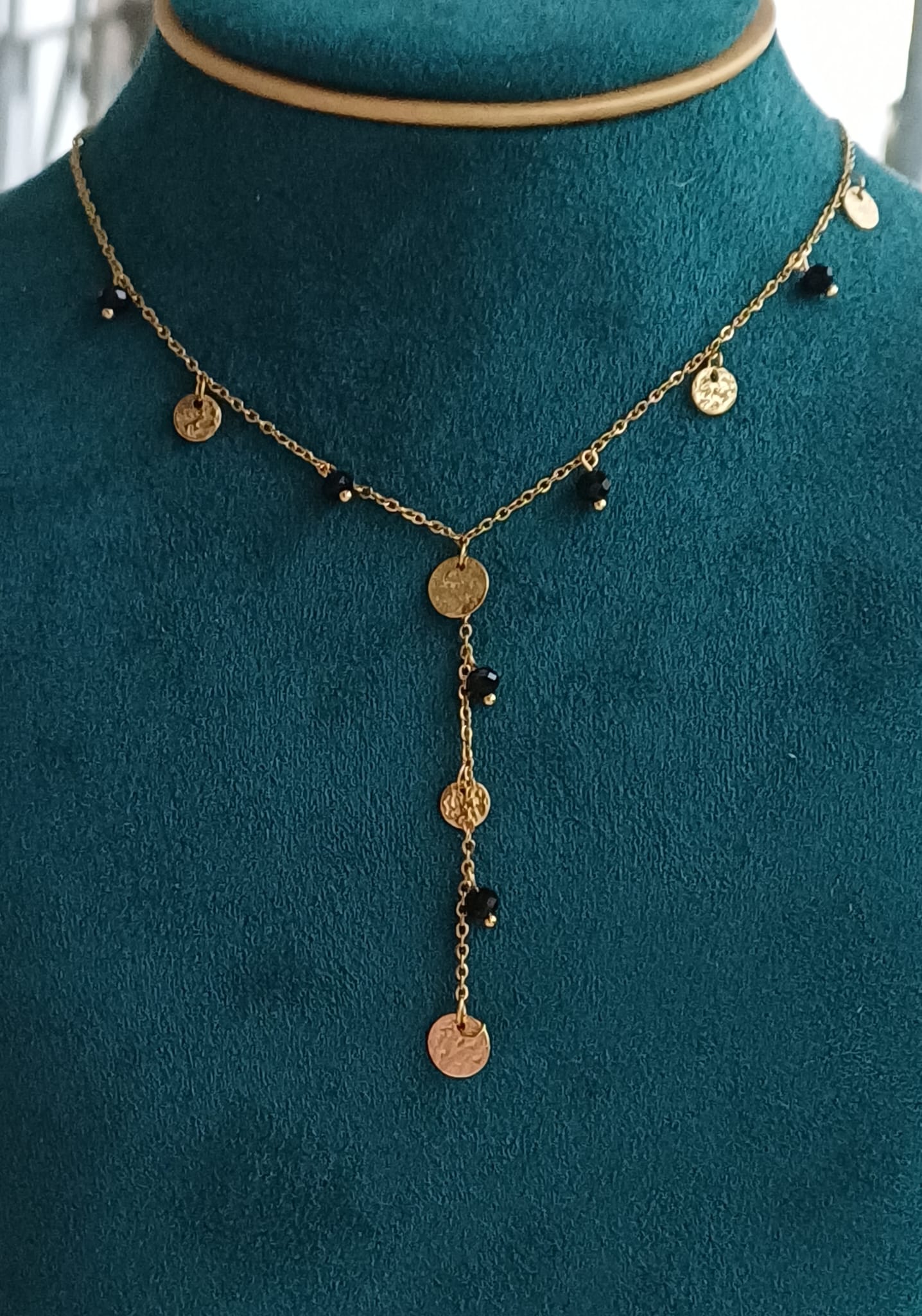 Collier Y perle noire en acier inoxydable